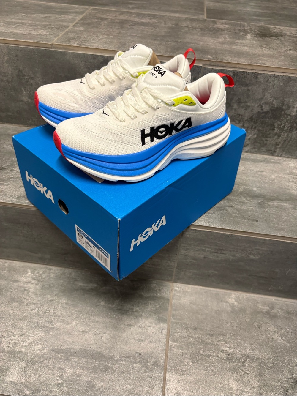 Hoka One One Women Shoes Bondi 8 White/Blue 6B Running Training Outdoor